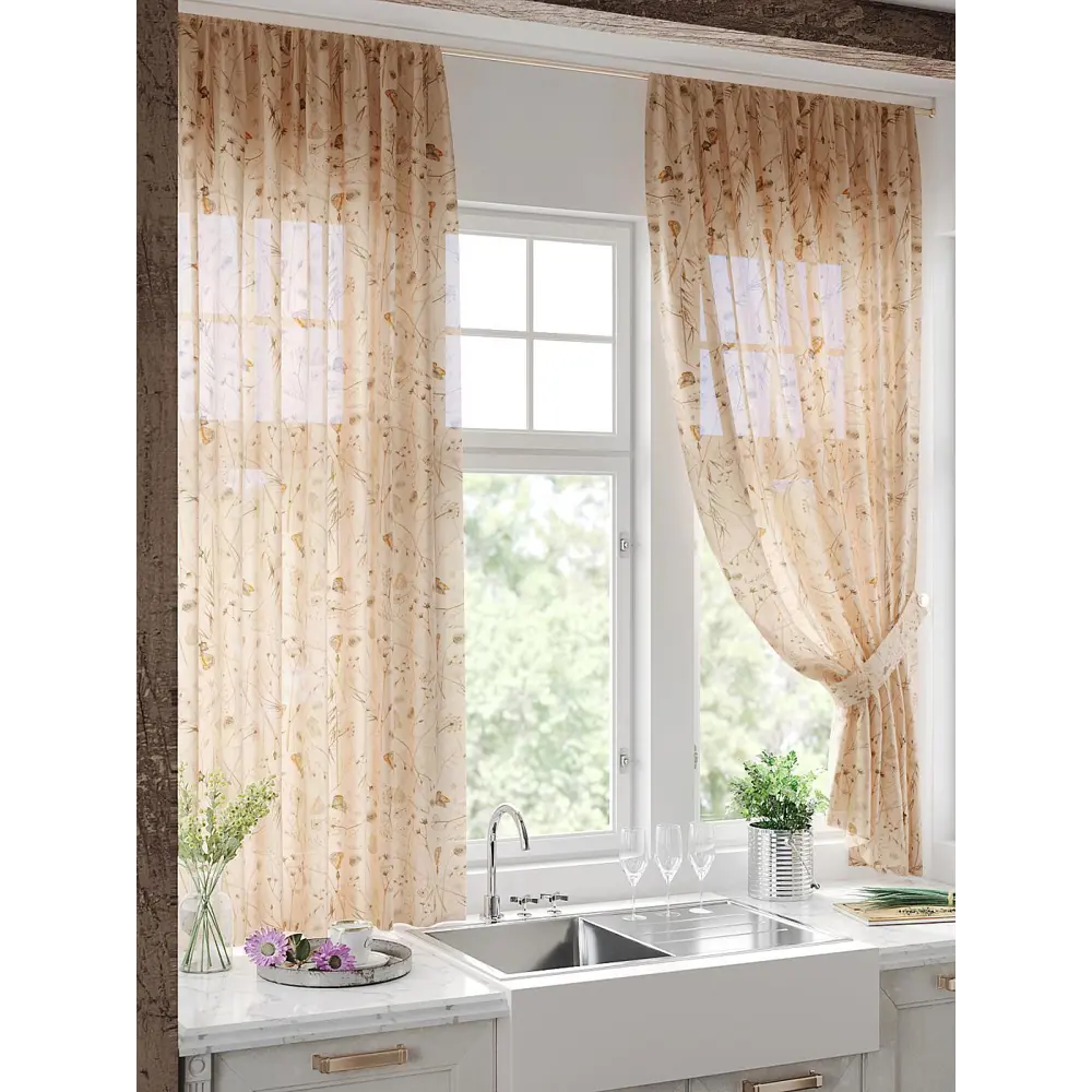 Фото Тюль на шторной ленте для кухни Helga Рикментос 150x180 см цвет бежевый Фото Тюль на шторной ленте для кухни Helga Рикментос 150x180 см цвет бежевый