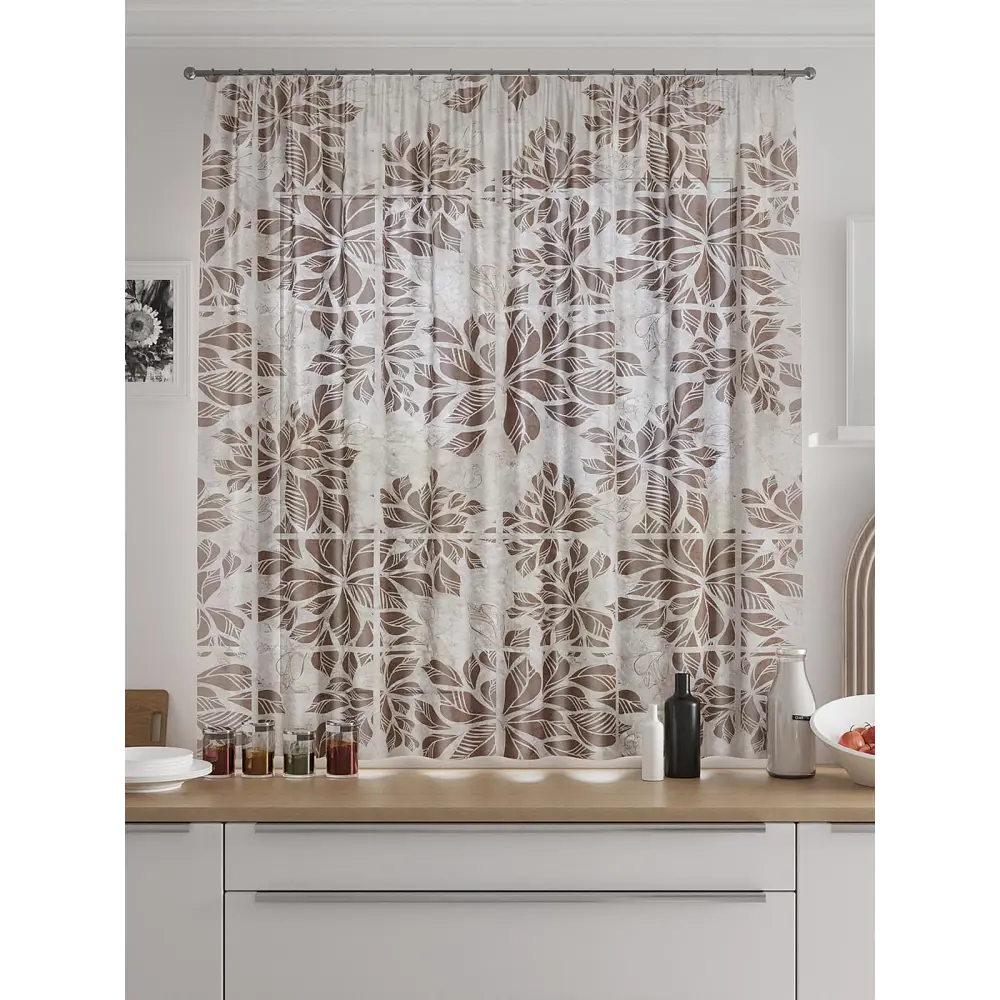 Фото Тюль на шторной ленте для кухни Helga Нермианс 150x180 см цвет бежевый Фото Тюль на шторной ленте для кухни Helga Нермианс 150x180 см цвет бежевый