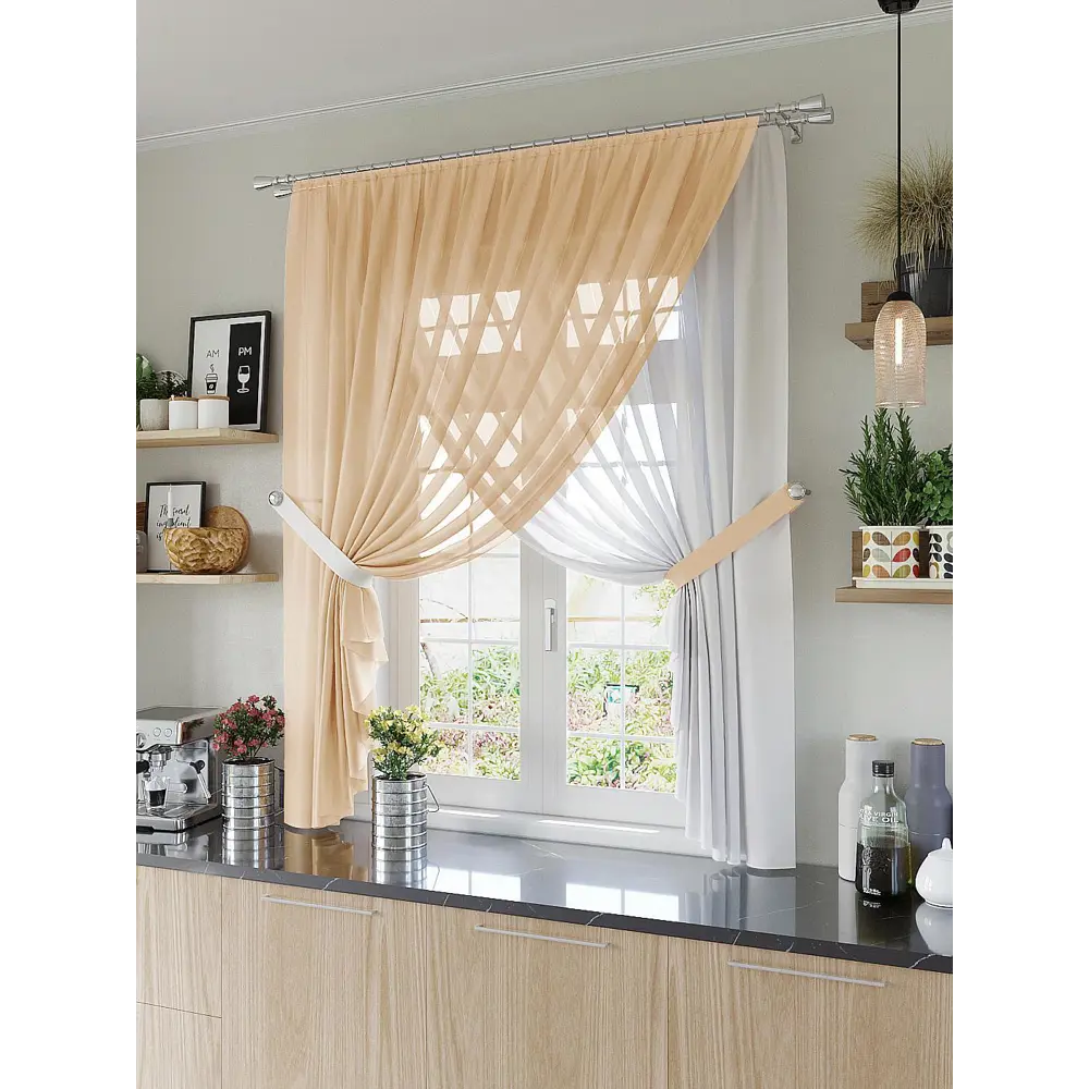 Фото Тюль на шторной ленте для кухни Helga Макер 300x180 см цвет коралловый