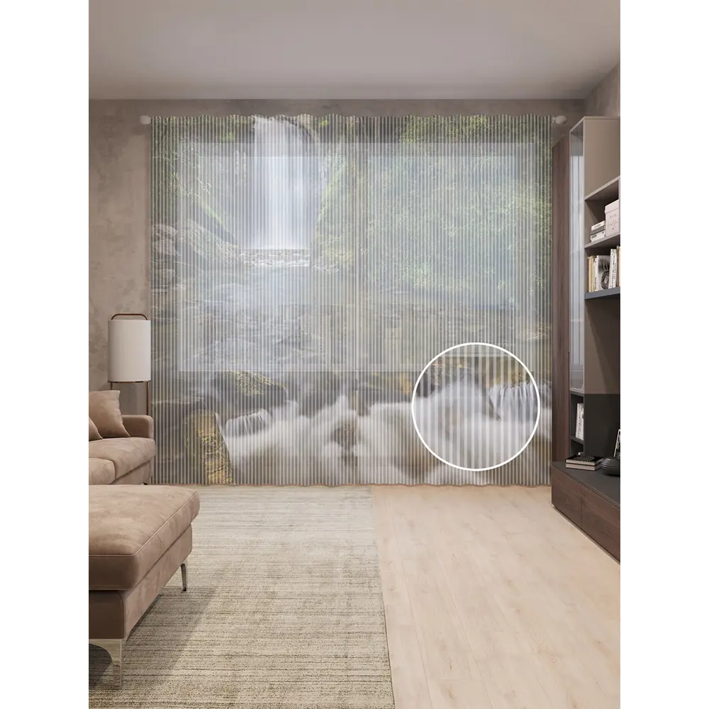 Фото Тюль Joyarty на шторной ленте Через лес к водопаду 310x265 см рисунок природный цвет зеленый