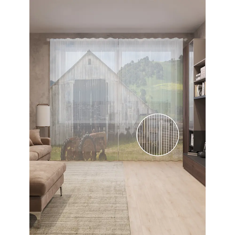 Фото Тюль Joyarty на шторной ленте Старая ферма 310x265 см рисунок природный цвет зеленый Фото Тюль Joyarty на шторной ленте Старая ферма 310x265 см рисунок природный цвет зеленый