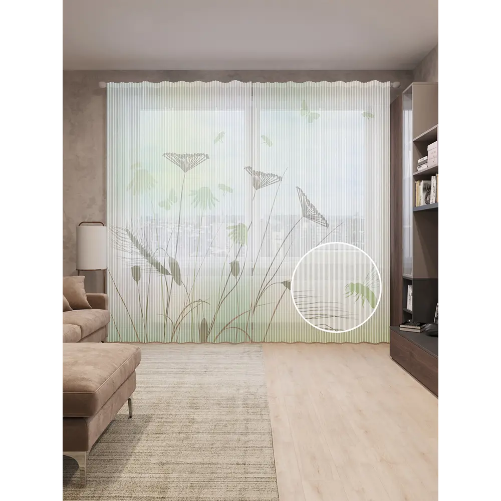 Фото Тюль Joyarty на шторной ленте Тоскующие цветы 310x265 см рисунок растительный цвет зеленый Фото Тюль Joyarty на шторной ленте Тоскующие цветы 310x265 см рисунок растительный цвет зеленый