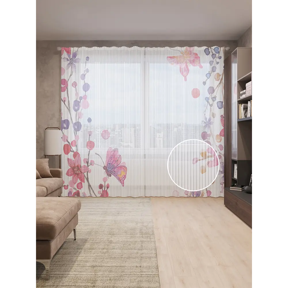 Фото Тюль Joyarty на шторной ленте Цветочная композиция с бабочками 310x265 см рисунок природный цвет розовый