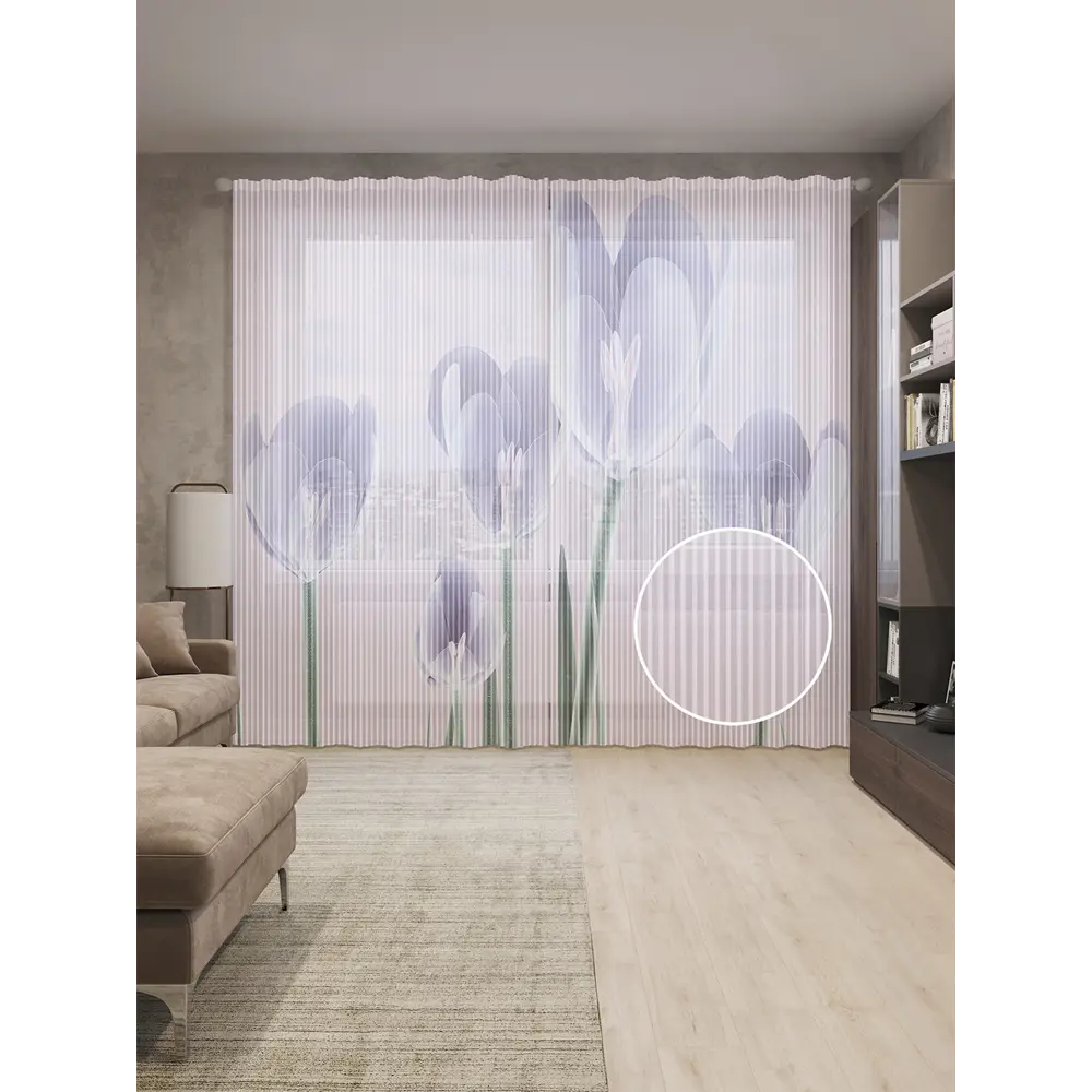 Фото Тюль на шторной ленте Цветочный строй 310x265 см рисунок растительный цвет фиолетовый