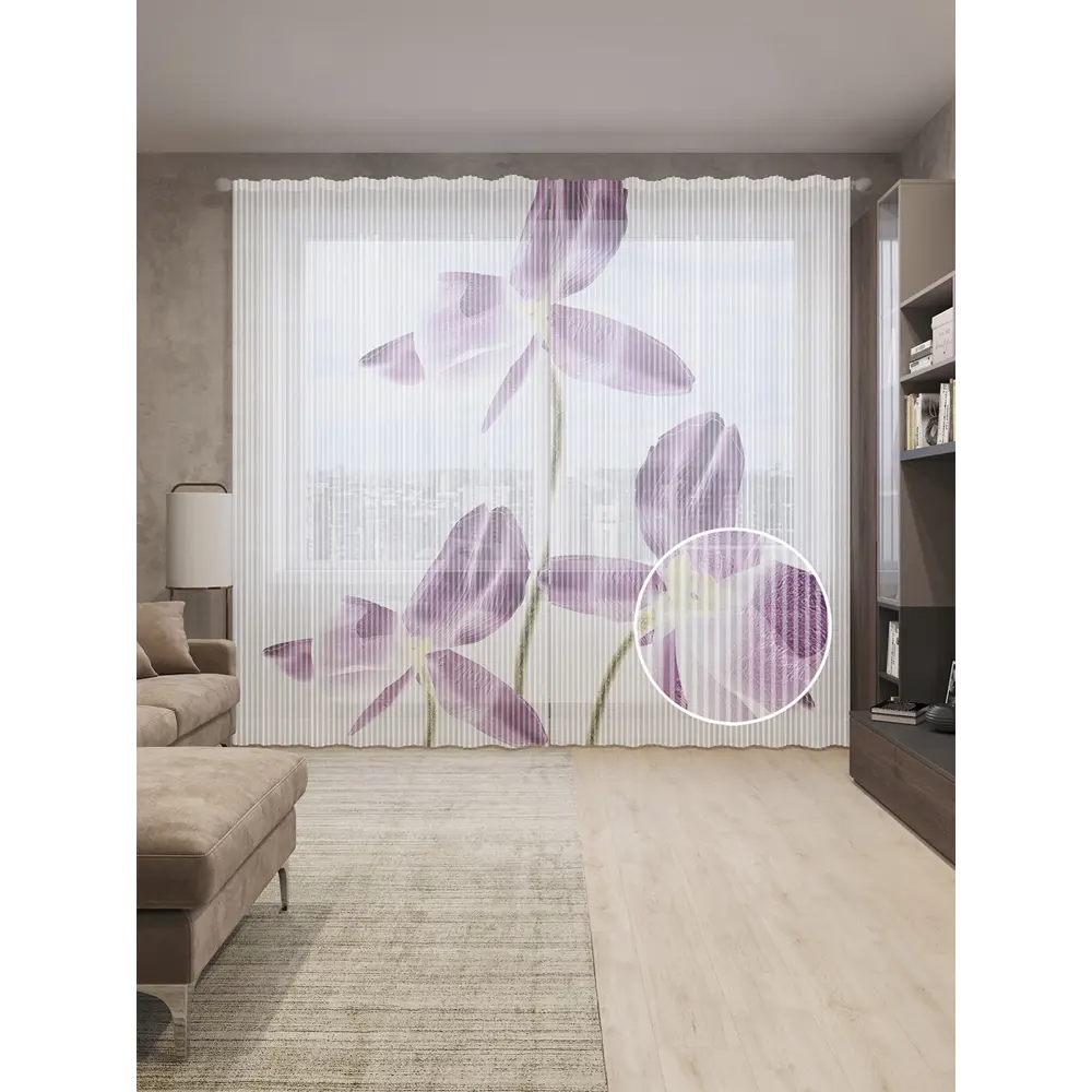 Фото Тюль на шторной ленте Внезапный цветочный танец 310x265 см рисунок растительный цвет фиолетовый