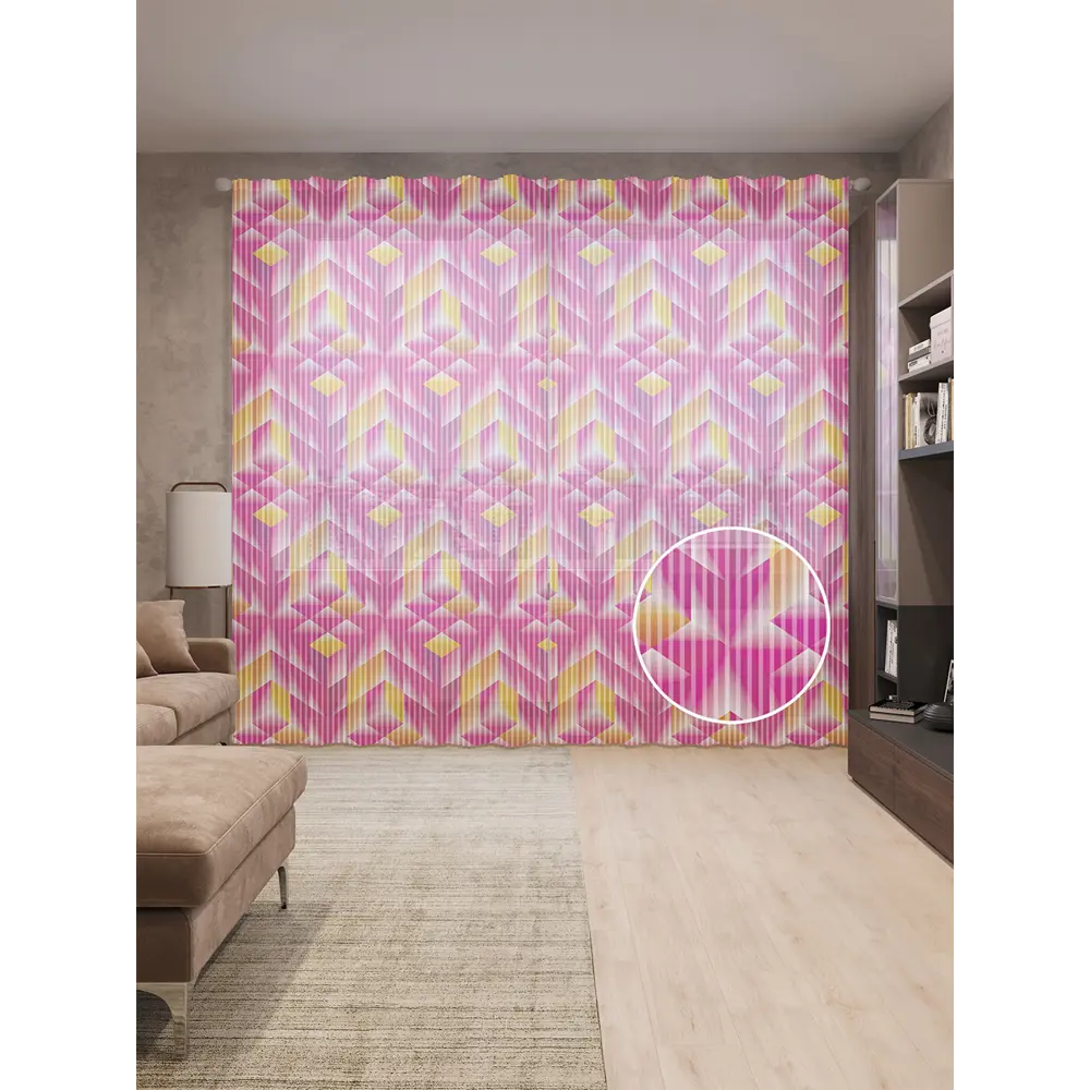 Фото Тюль на шторной ленте Кубические холмы 310x265 см рисунок вензель цвет розовый Фото Тюль на шторной ленте Кубические холмы 310x265 см рисунок вензель цвет розовый
