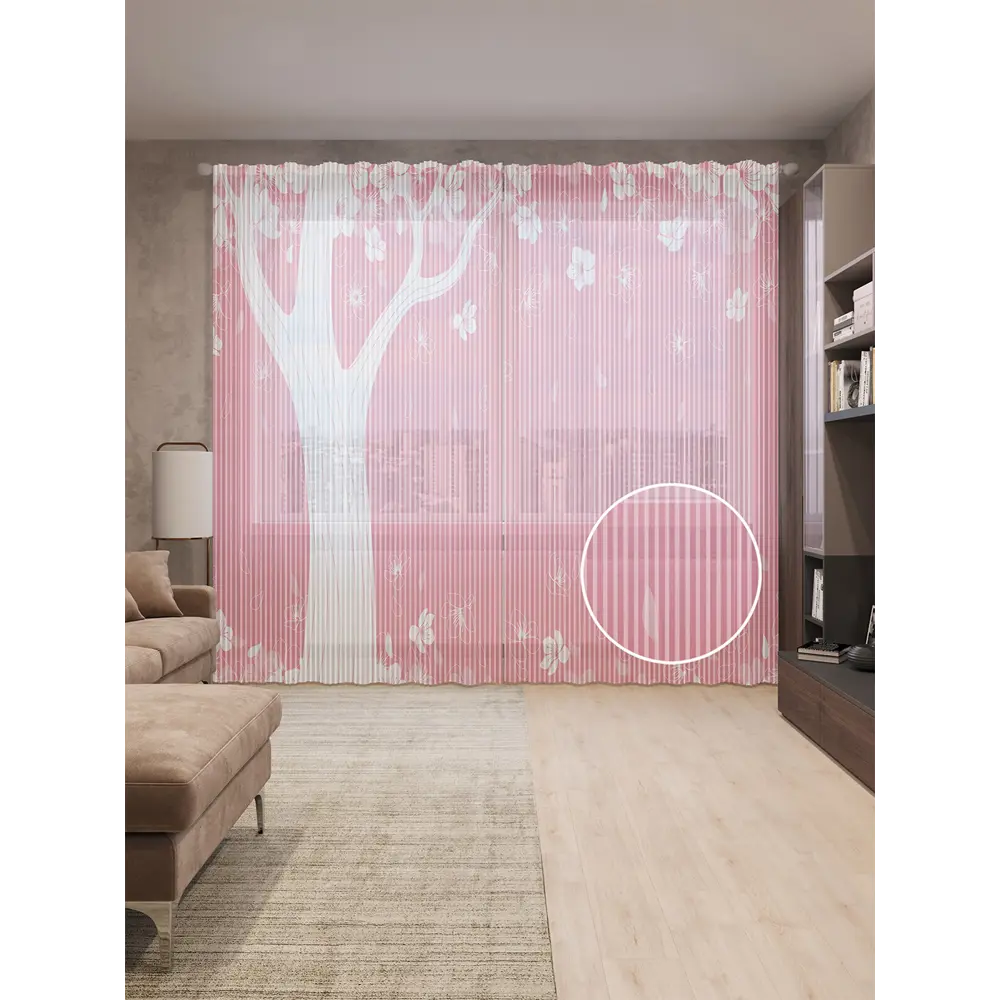 Фото Тюль на шторной ленте Цветение в негативе 310x265 см рисунок растительный цвет розовый