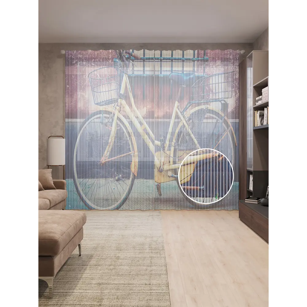 Фото Тюль на шторной ленте Оставленный велосипед 310x265 см цвет фиолетовый