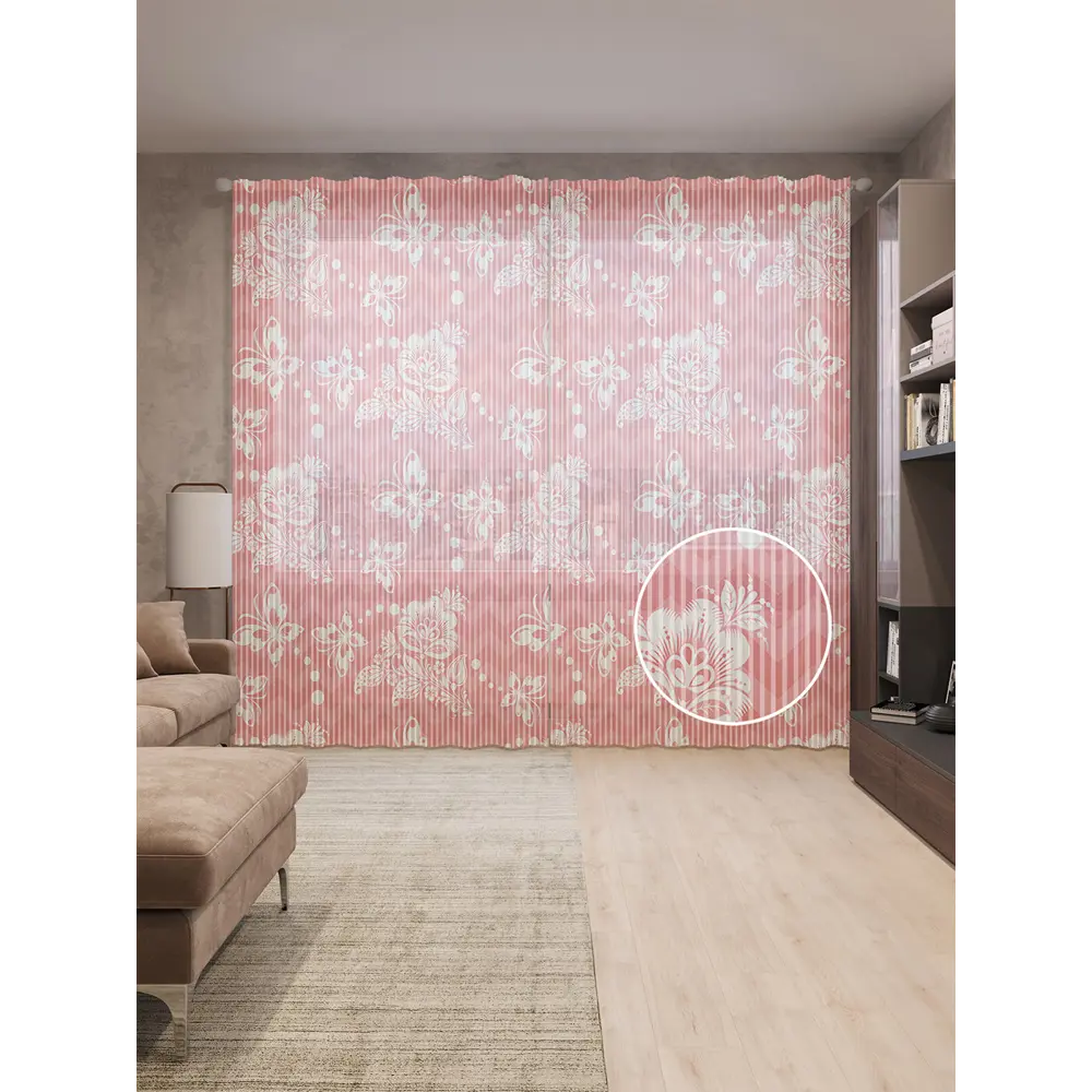 Фото Тюль на шторной ленте Цветочные зигзаги 310x265 см рисунок растительный цвет розовый