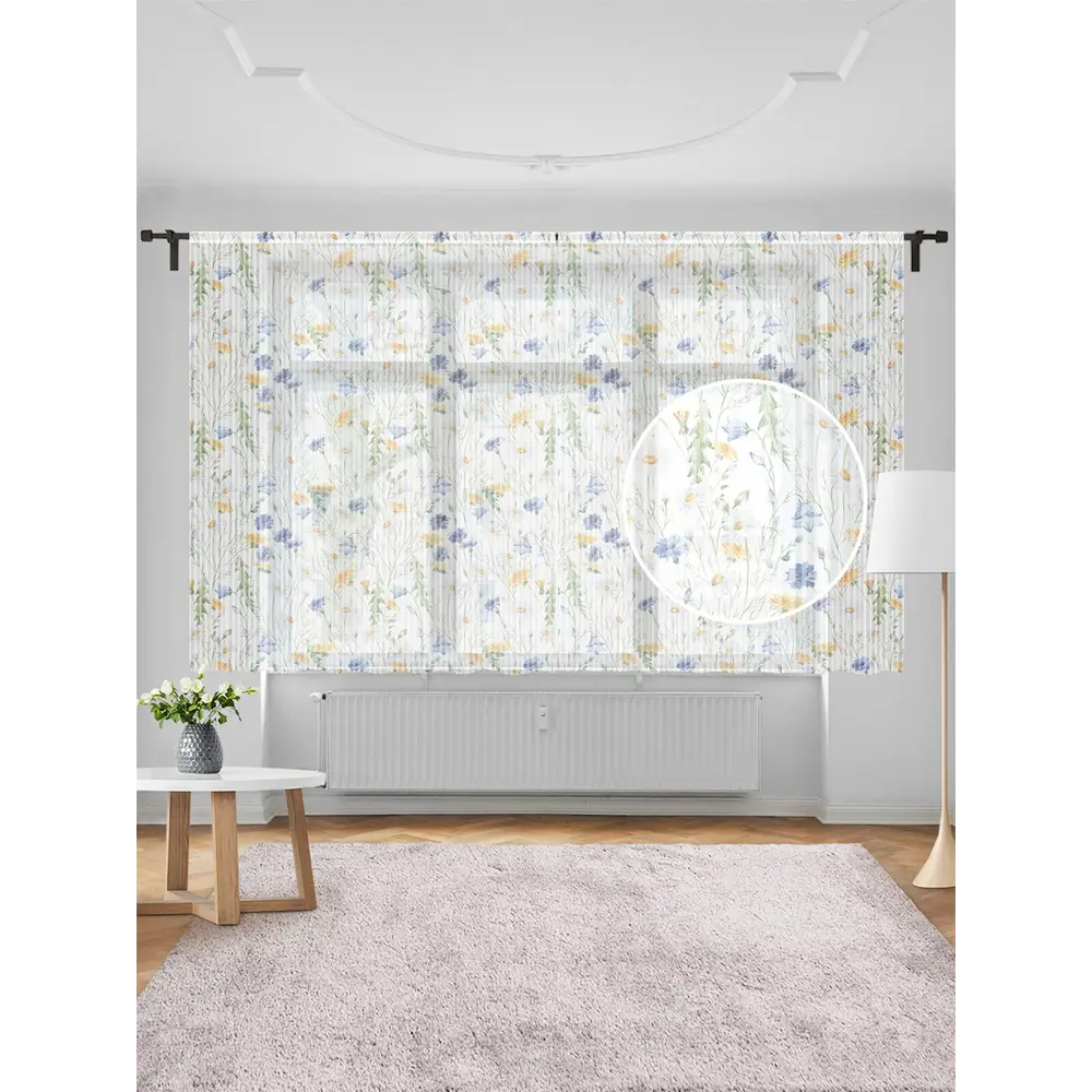 Фото Тюль на шторной ленте для кухни Полевые Цветы 155x180 см цвет хаки Фото Тюль на шторной ленте для кухни Полевые Цветы 155x180 см цвет хаки