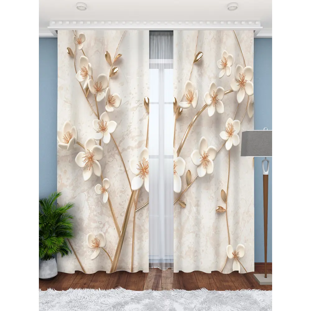 Фото 2 Фотошторы на шторной ленте Homepick LittleWhiteFlowers 290x265 см цвет шампань, бежевый