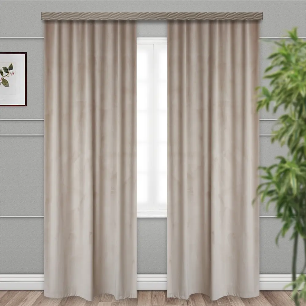 Фото Комплект штор на шторной ленте Witerra вельвет однотонный 190x260 см x2 цвет светло-бежевый