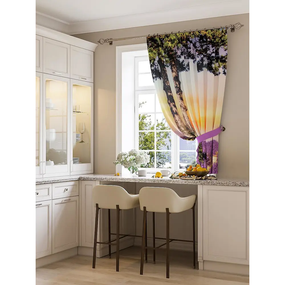 Фото Штора на шторной ленте для кухни Helga Провис 180x150 см цвет коричневый Фото Штора на шторной ленте для кухни Helga Провис 180x150 см цвет коричневый