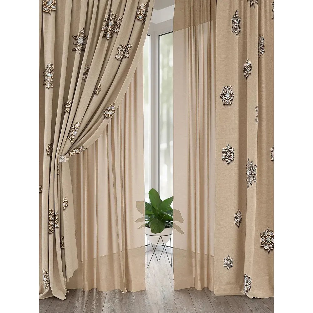 Фото Комплект штор на шторной ленте AT Home Шонретис 150x250 см цвет бежевый Фото Комплект штор на шторной ленте AT Home Шонретис 150x250 см цвет бежевый