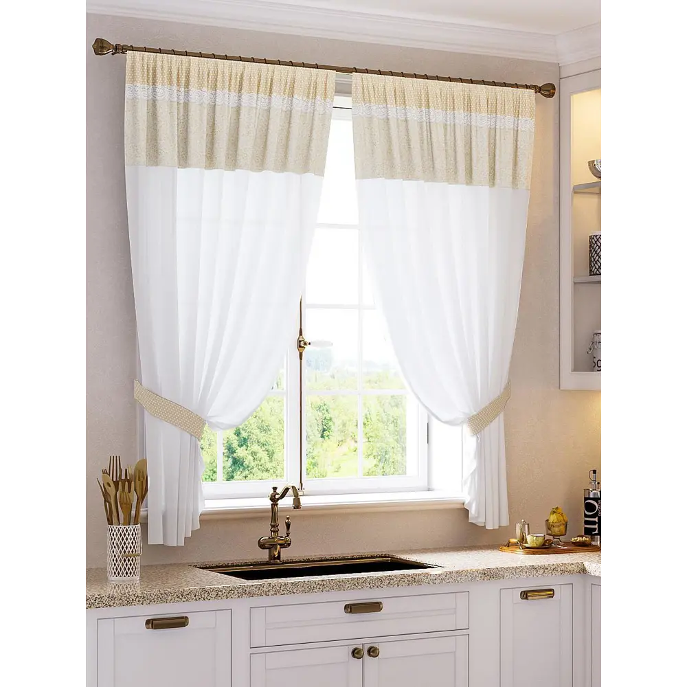 Фото Штора на шторной ленте для кухни Helga Свэли 180x145 см цвет бежевый Фото Штора на шторной ленте для кухни Helga Свэли 180x145 см цвет бежевый