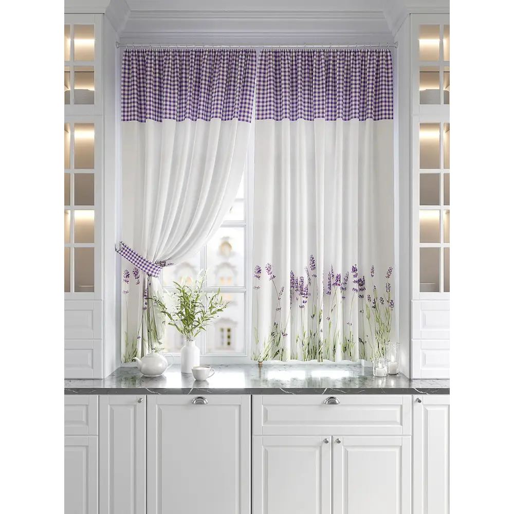 Фото Штора на шторной ленте для кухни Helga Люпинс 180x150 см цвет белый Фото Штора на шторной ленте для кухни Helga Люпинс 180x150 см цвет белый