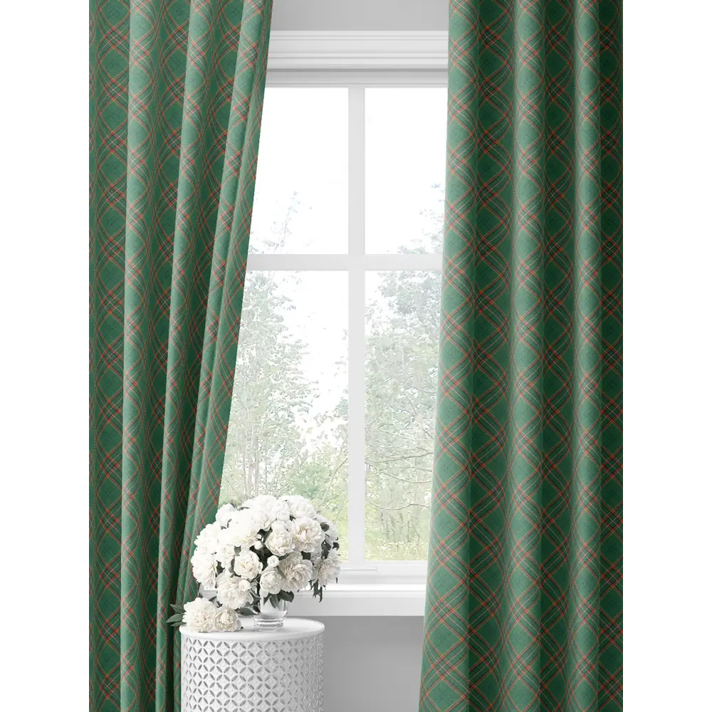 Фото 3 Комплект штор на шторной ленте Decoracion Диагональная шотландская клетка 145x275 см цвет зеленый
