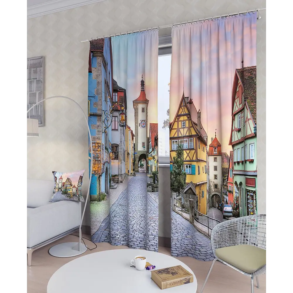 Фото Комплект штор на шторной ленте AT Home Немецкий городок 150x260 см цвет немецкий городок