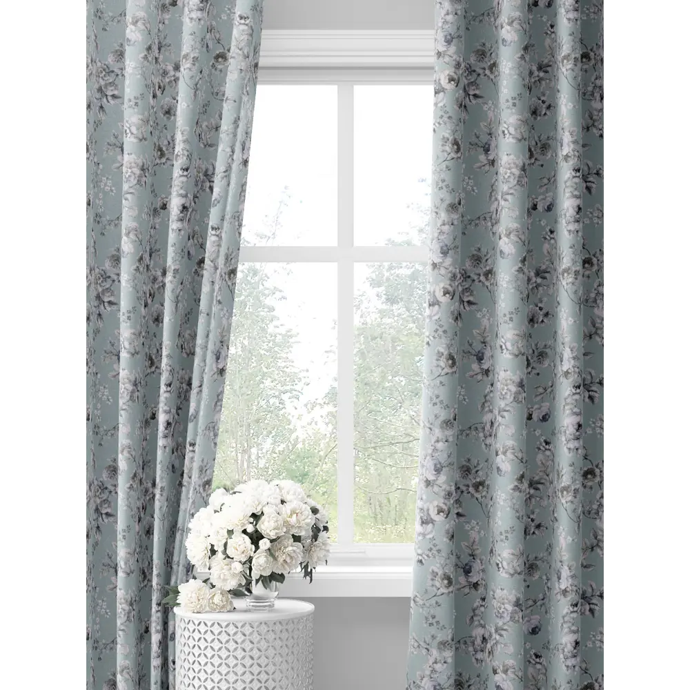 Фото Комплект штор на шторной ленте Decoracion Утонченные розы 145x275 см цвет серый голубой Фото Комплект штор на шторной ленте Decoracion Утонченные розы 145x275 см цвет серый голубой