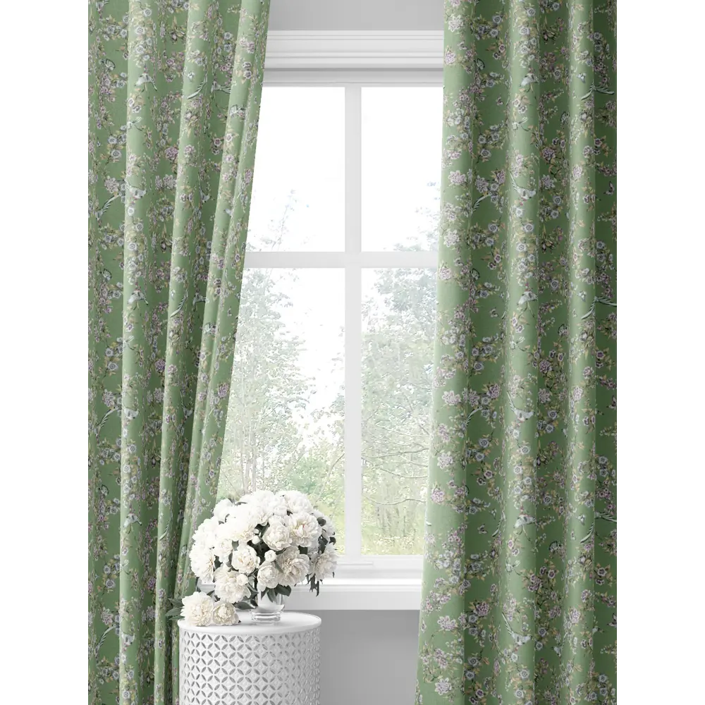 Фото Комплект штор на шторной ленте Decoracion Птицы на сакуре 145x275 см цвет оливковый Фото Комплект штор на шторной ленте Decoracion Птицы на сакуре 145x275 см цвет оливковый