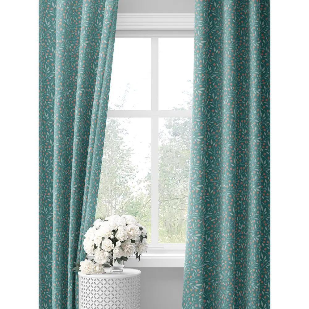 Фото Комплект штор на шторной ленте Decoracion Лесные ягоды 145x275 см цвет бирюзовый коралловый Фото Комплект штор на шторной ленте Decoracion Лесные ягоды 145x275 см цвет бирюзовый коралловый