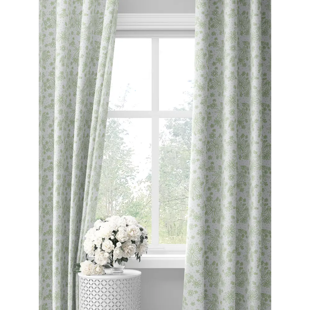 Фото Комплект штор на шторной ленте Decoracion Привет ромашки 145x275 см цвет белый зеленый Фото Комплект штор на шторной ленте Decoracion Привет ромашки 145x275 см цвет белый зеленый