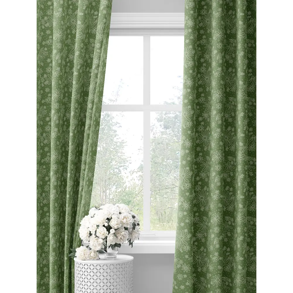 Фото Комплект штор на шторной ленте Decoracion Привет ромашки 145x275 см цвет белый оливковый Фото Комплект штор на шторной ленте Decoracion Привет ромашки 145x275 см цвет белый оливковый
