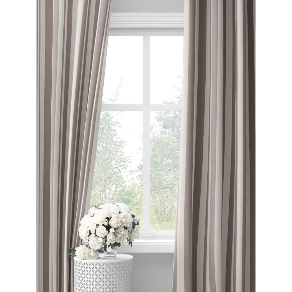 Фото Комплект штор на шторной ленте Decoracion Элегантная полоска 145x275 см цвет белый серый бежевый Фото Комплект штор на шторной ленте Decoracion Элегантная полоска 145x275 см цвет белый серый бежевый