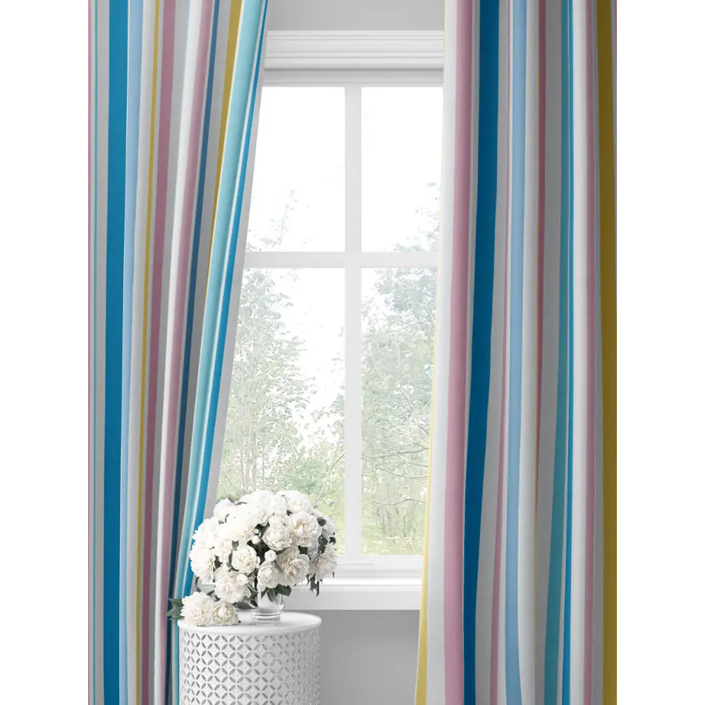 Фото Комплект штор на шторной ленте Decoracion Разноцветные полоски 145x275 см цвет синий желтый розовый Фото Комплект штор на шторной ленте Decoracion Разноцветные полоски 145x275 см цвет синий желтый розовый