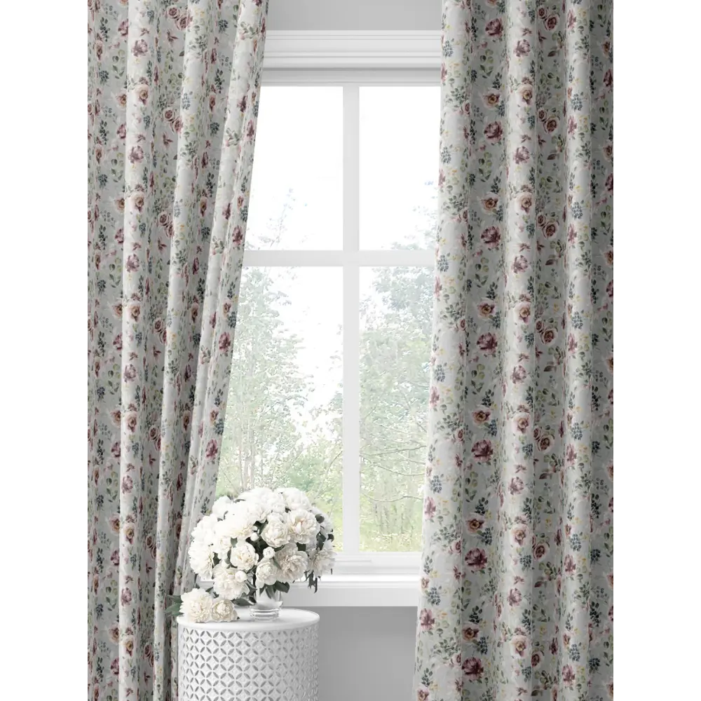 Фото Комплект штор на шторной ленте Decoracion Цветущие пионы 145x275 см цвет серый бордовый Фото Комплект штор на шторной ленте Decoracion Цветущие пионы 145x275 см цвет серый бордовый