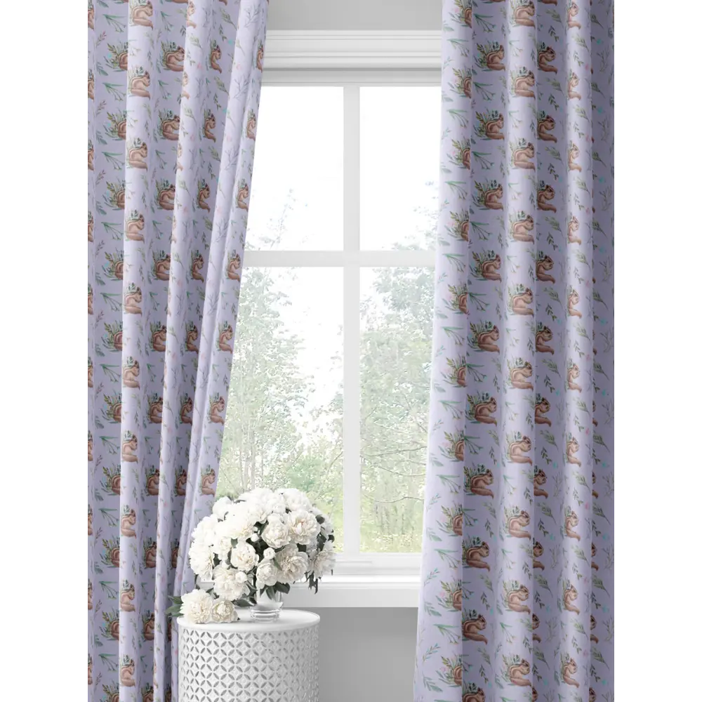 Фото Комплект штор на шторной ленте Decoracion Бурундуки в цветочках 145x275 см цвет зеленый коричневый сиреневый
