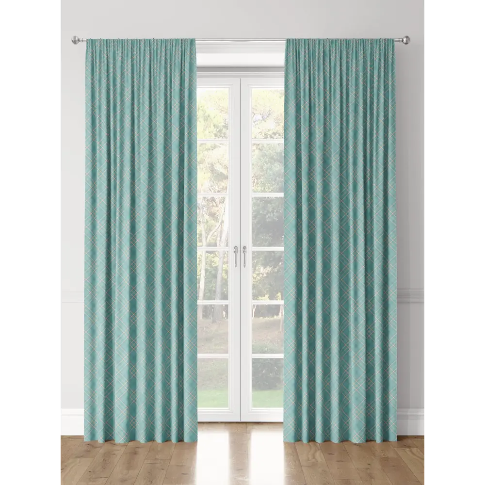 Фото Комплект штор на шторной ленте Decoracion Диагональная шотландская клетка 145x275 см цвет бирюзовый Фото Комплект штор на шторной ленте Decoracion Диагональная шотландская клетка 145x275 см цвет бирюзовый