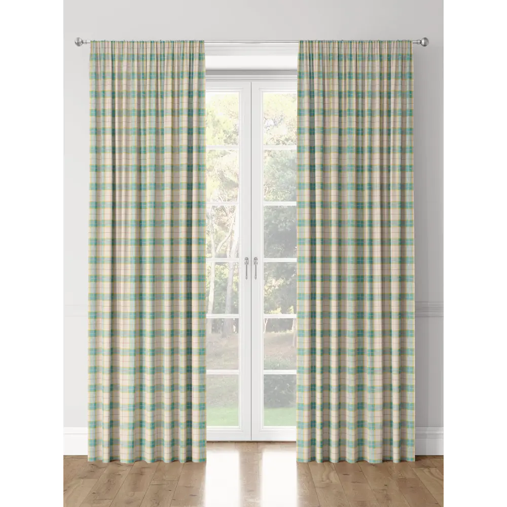 Фото 3 Комплект штор на шторной ленте Decoracion Клетка 4 квадрата 145x275 см цвет кремовый бирюзовый Фото 3 Комплект штор на шторной ленте Decoracion Клетка 4 квадрата 145x275 см цвет кремовый бирюзовый