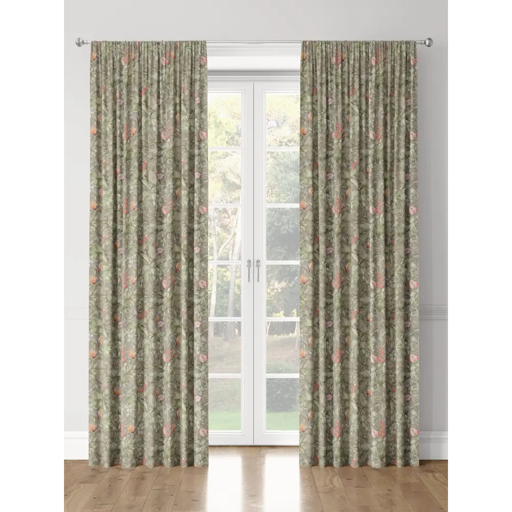 Фото 3 Комплект штор на шторной ленте Decoracion Листья монстеры 145x275 см цвет серый зеленый Фото 3 Комплект штор на шторной ленте Decoracion Листья монстеры 145x275 см цвет серый зеленый