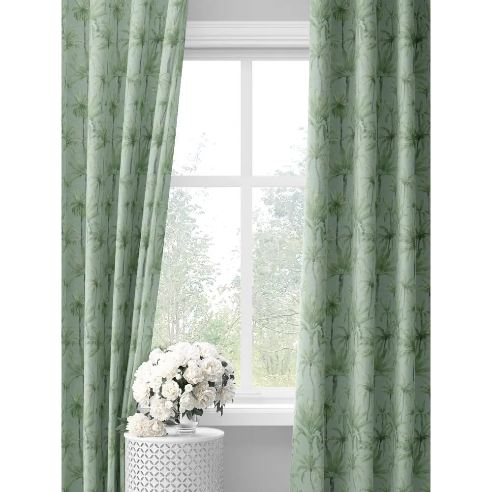 Фото Комплект штор на шторной ленте Decoracion Изящные пальмы 145x275 см цвет зеленый бирюзовый Фото Комплект штор на шторной ленте Decoracion Изящные пальмы 145x275 см цвет зеленый бирюзовый