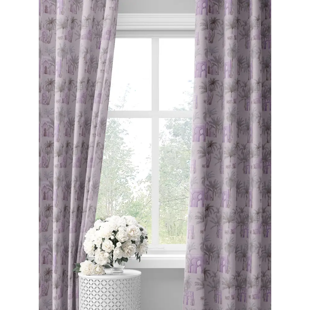 Фото Комплект штор на шторной ленте Decoracion Город в пальмах 145x275 см цвет серый сиреневый