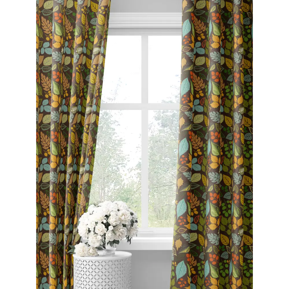 Фото Шторы на шторной ленте decoracion С разноцветными листьями #33020106, 145x275см, цвет коричневый и зеленый Фото Шторы на шторной ленте decoracion С разноцветными листьями #33020106, 145x275см, цвет коричневый и зеленый