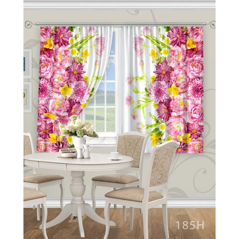 Фото Штора на шторной ленте для кухни Iris 185K, 145x180 см цвет розово-белый Фото Штора на шторной ленте для кухни Iris 185K, 145x180 см цвет розово-белый