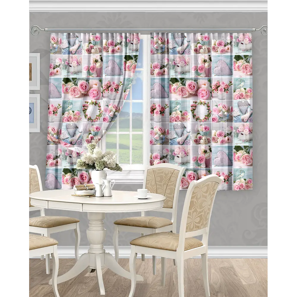 Фото Штора на шторной ленте для кухни Iris 145x180 см цвет розово-голубой