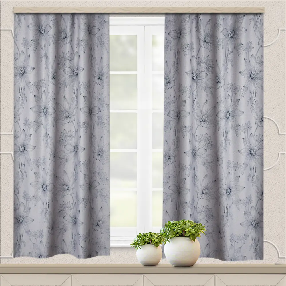 Фото Комплект штор на шторной ленте Witerra Ромашки блэкаут 135x180 см цвет серый