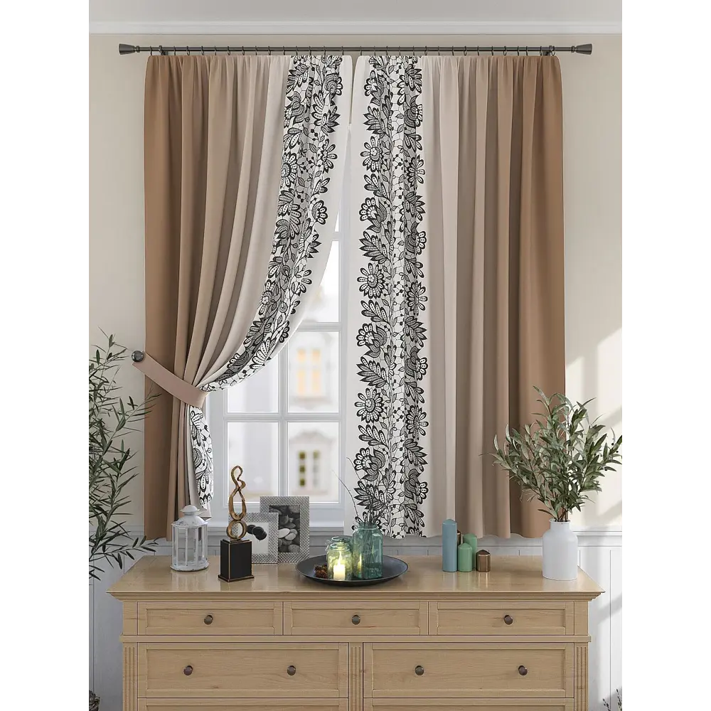 Фото Штора на шторной ленте для кухни Helga Триоранс 150x180 см цвет бежевый