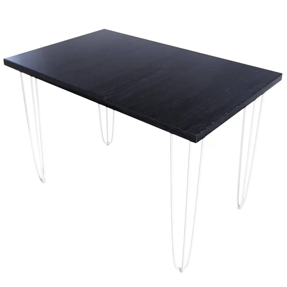 Фото Кухонный стол прямоугольный со столешницей Solarius Loft 120x75 см и белых металлических ножках-шпилькахМассив сосны цвет черный Фото Кухонный стол прямоугольный со столешницей Solarius Loft 120x75 см и белых металлических ножках-шпилькахМассив сосны цвет черный