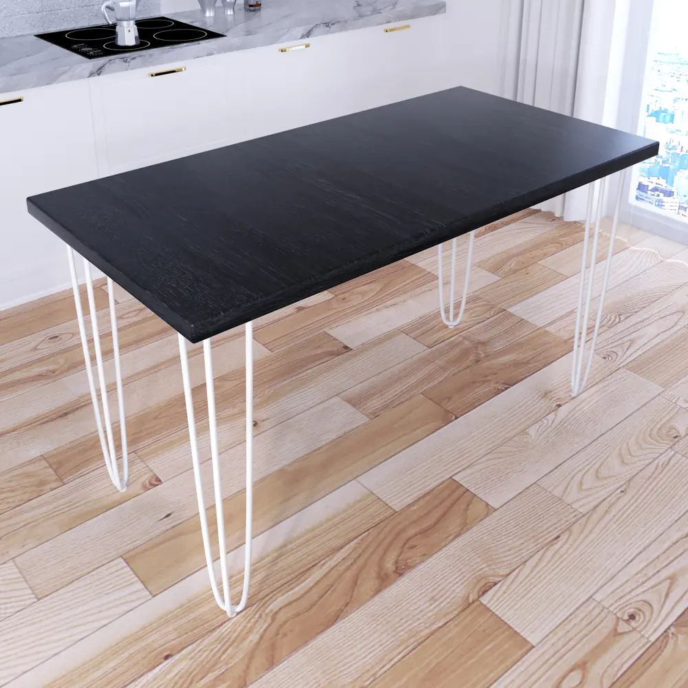 Фото 2 Кухонный стол прямоугольный со столешницей Solarius Loft 130x60 см и белых металлических ножках-шпилькахМассив сосны цвет черный Фото 2 Кухонный стол прямоугольный со столешницей Solarius Loft 130x60 см и белых металлических ножках-шпилькахМассив сосны цвет черный