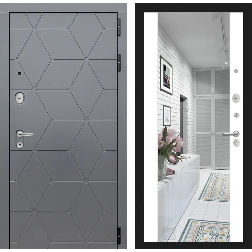 Фото Входная дверь Labirintdoors Космо 205x88см правый цвет белый софт/графит софт с зеркалом ФЛЗ-1 Фото Входная дверь Labirintdoors Космо 205x88см правый цвет белый софт/графит софт с зеркалом ФЛЗ-1