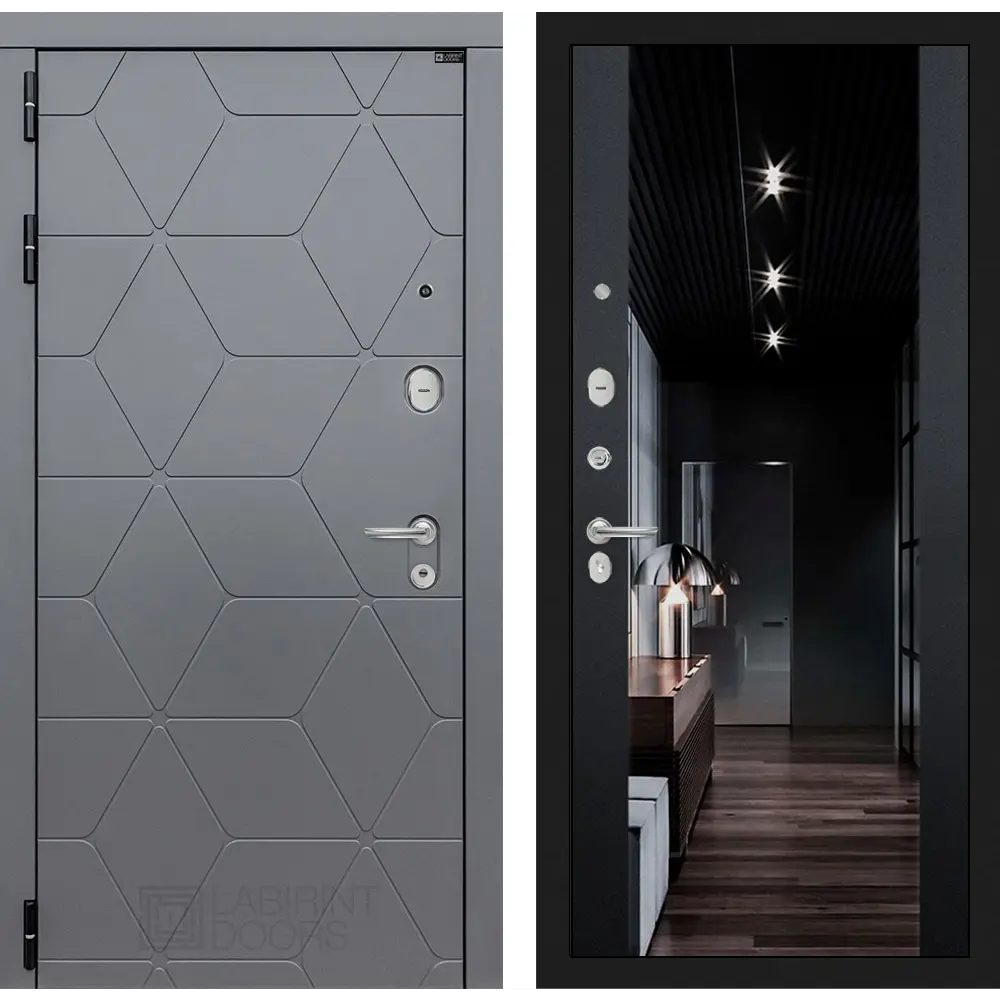 Фото Входная дверь Labirintdoors Космо 205x96см левый цвет черный кварц/графит софт с зеркалом ФЛЗ-1 Фото Входная дверь Labirintdoors Космо 205x96см левый цвет черный кварц/графит софт с зеркалом ФЛЗ-1