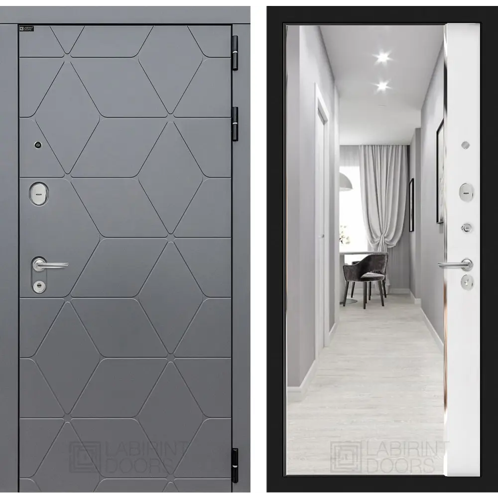 Фото Входная дверь Labirintdoors Космо 205x88см правый цвет белый софт/графит софт с зеркалом Фото Входная дверь Labirintdoors Космо 205x88см правый цвет белый софт/графит софт с зеркалом