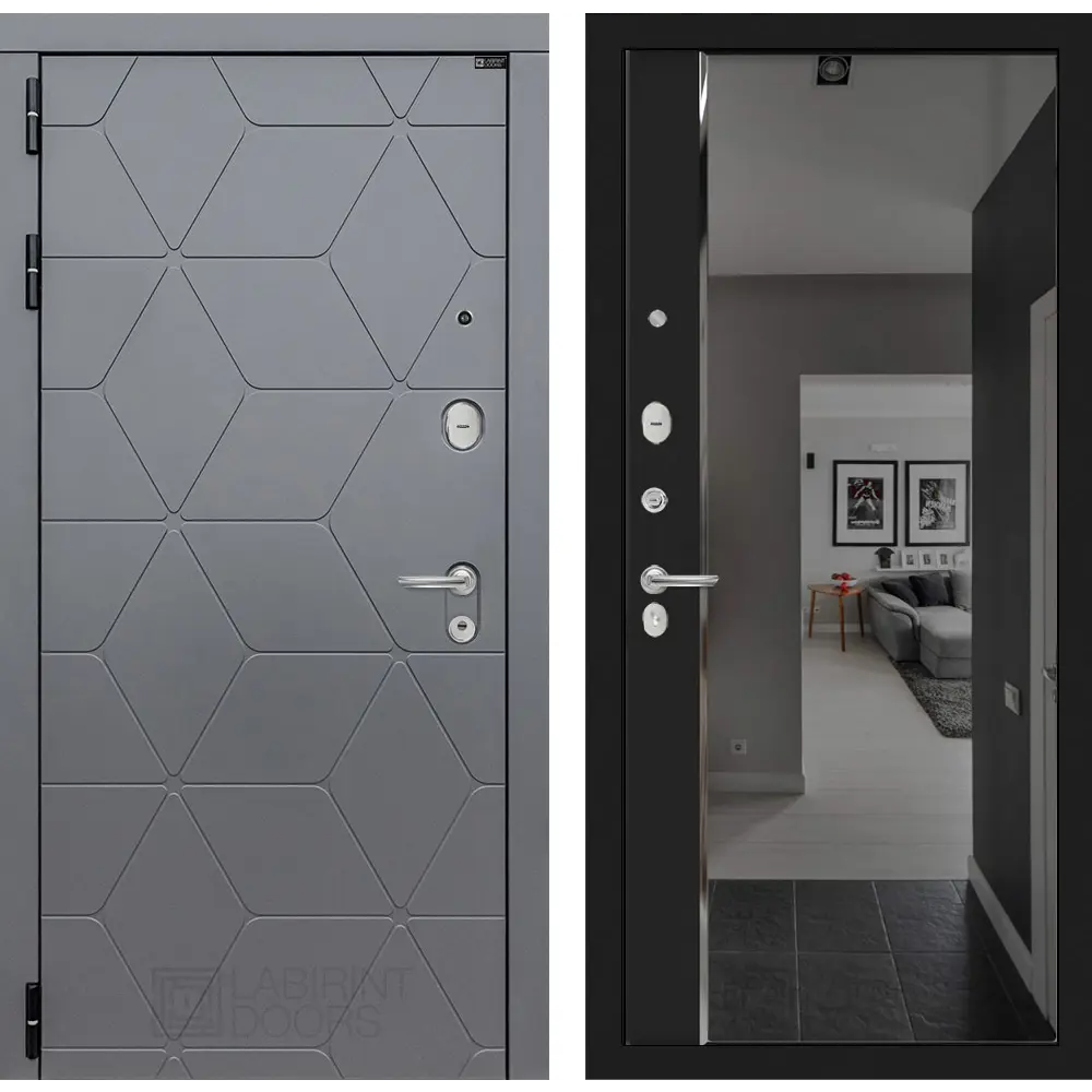 Фото Входная дверь Labirintdoors Космо 205x88см левый цвет черный кварц/графит софт с зеркалом Фото Входная дверь Labirintdoors Космо 205x88см левый цвет черный кварц/графит софт с зеркалом