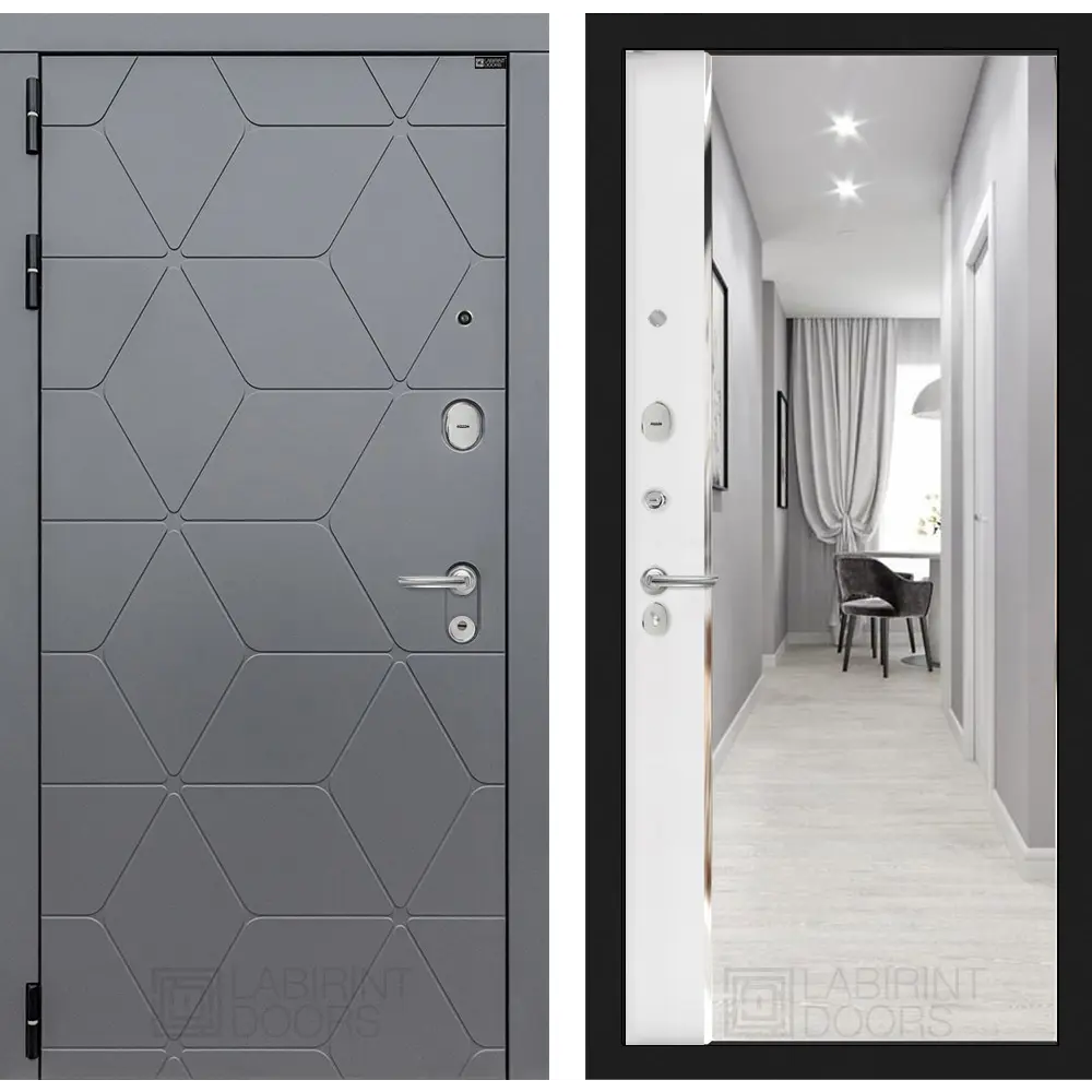 Фото Входная дверь Labirintdoors Космо 205x96см левый цвет белый софт/графит софт с зеркалом Фото Входная дверь Labirintdoors Космо 205x96см левый цвет белый софт/графит софт с зеркалом