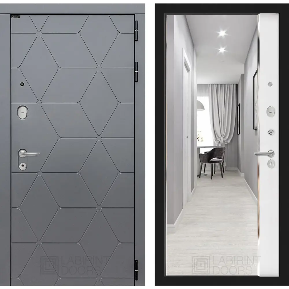 Фото Входная дверь Labirintdoors Космо 205x96см правый цвет белый софт/графит софт с зеркалом Фото Входная дверь Labirintdoors Космо 205x96см правый цвет белый софт/графит софт с зеркалом