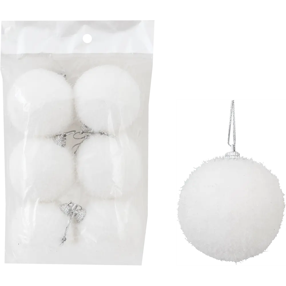 Фото 2 Набор ёлочных шаров флокированных 6 см цвет белый, 6 шт. Фото 2 Набор ёлочных шаров флокированных 6 см цвет белый, 6 шт.